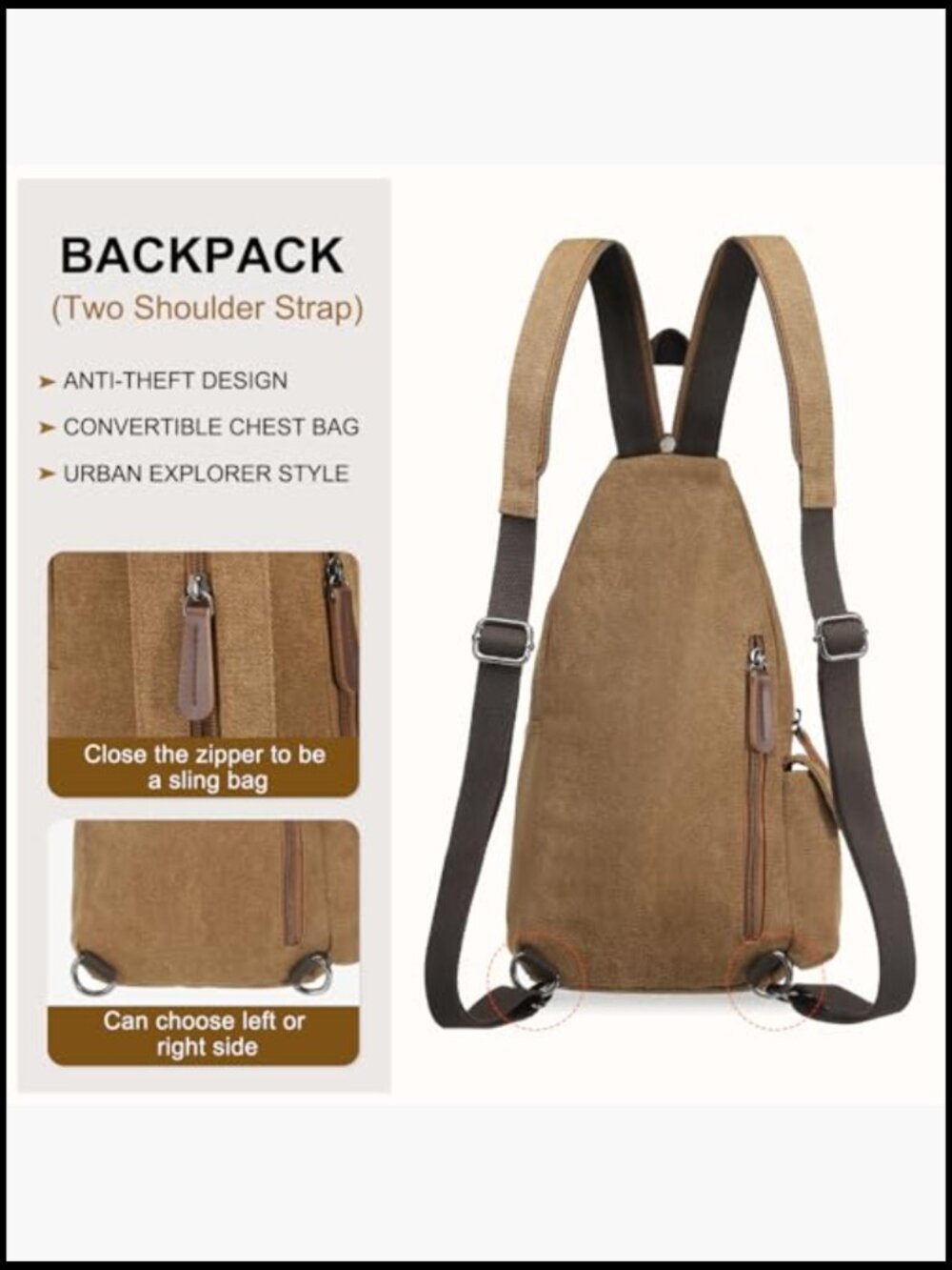 Canvas Convertible Sling Backpack Crossbody Chest Bag Vintage Travel Daypack - Picture 6 of 7